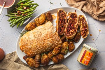 Seitanbraten mit grünen Bohnen und Hassleback-Kartoffeln